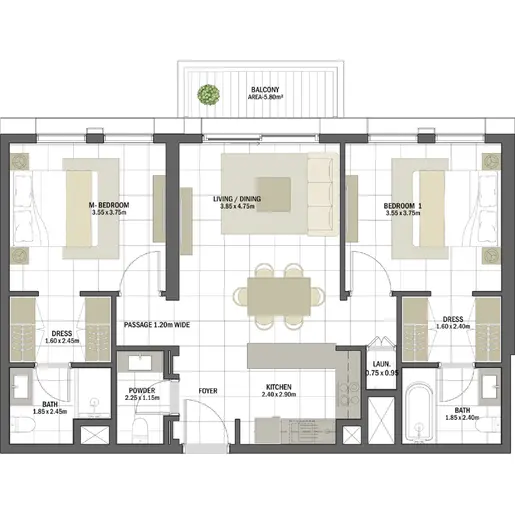 Anbar Residences - Floor plans: 2 Bedrooms