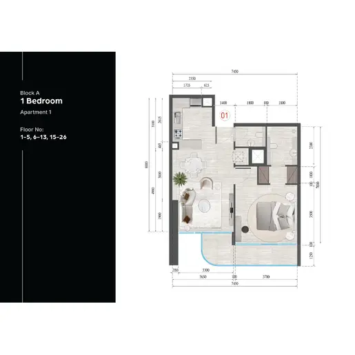 Guzel Tower - Floor plans: 1 Bedroom